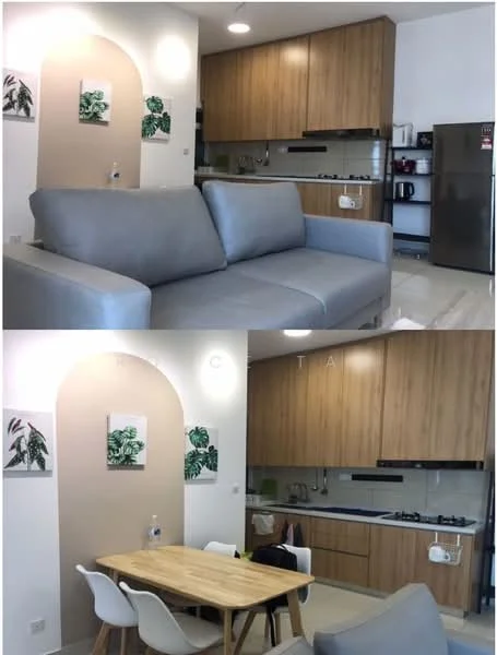 Living features: grey fabric sofa, wooden coffee table, wall-mounted artwork with plant motifs, light-colored walls, recessed lighting, laminate flooring, open kitchen layout, kitchen cabinetry in wood finish, stainless-steel fridge, built-in gas hob, kitchen sink, black countertop, white dining table, four white dining chairs; style: modern.