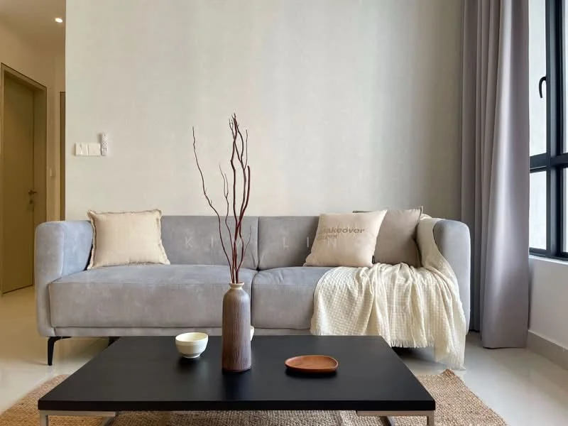 Living features: grey fabric sofa, decorative throw blanket, wooden coffee table, ceramic bowl, wooden tray, decorative vase, dried branches in vase, area rug, floor-to-ceiling windows, curtains, light-colored painted walls, glossy tile flooring; style: modern.