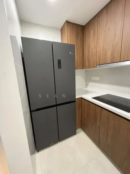 Kitchen features: dark grey fridge, wood cabinetry, white countertop, built-in induction cooktop, white tiled backsplash, light grey floor tiles, recessed ceiling lights; style: modern.