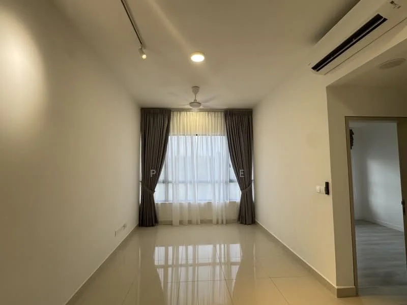 Living features: white painted walls, glossy tile flooring, 5-blade ceiling fan with light, floor-to-ceiling windows, sheer curtains, dark grey curtains, recessed downlights; style: modern.