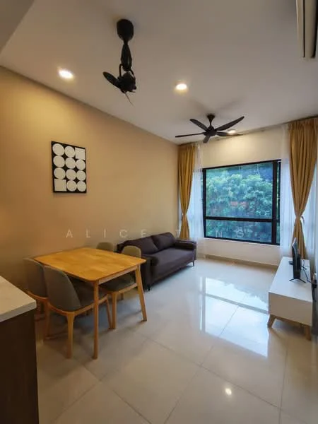 Living features: 3-seater fabric sofa in dark brown, wooden dining table for 4, 4 upholstered dining chairs, large floor-to-ceiling window, sheer curtains, blackout curtains, 2-blade ceiling fan, recessed LED downlights, light beige painted walls, glossy ceramic tile flooring, TV console, wall-mounted TV, decorative wall art; style: modern; view: garden.