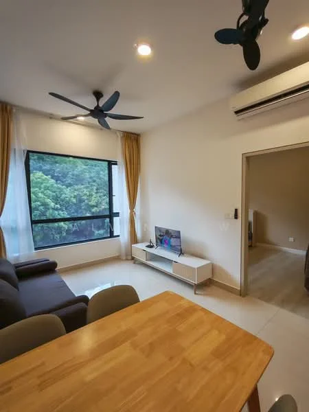 Living features: 3-seater fabric sofa in dark grey, wooden dining table, 4 dining chairs, floor-to-ceiling windows, sheer curtains, 2-blade ceiling fan, wall-mounted TV, TV console in white, air conditioning unit, light-colored wall, tile flooring, decorative plants visible outside; style: modern; view: garden.