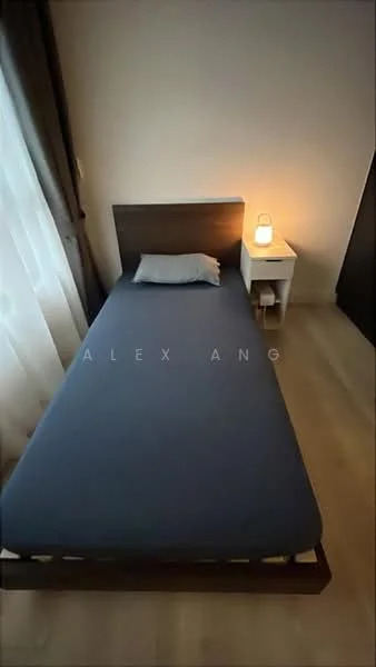 Bedroom features: single bed with blue bedding, wooden bed frame, nightstand with lamp, white pillow, curtains, laminate flooring, wall with dark finish, soft lighting; style: minimalist.