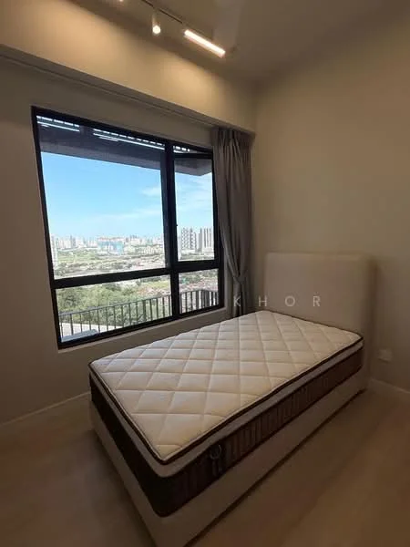 Bedroom features: large window with city view, grey curtains, light wood flooring, neutral painted walls, upholstered headboard, mattress on bed frame, recessed lighting, built-in wardrobe; style: modern; view: city.