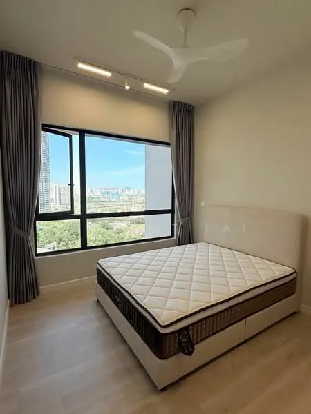 Bedroom features: king-size bed, upholstered headboard, floor-to-ceiling window, curtains, 5-blade ceiling fan, light fixtures, wooden flooring, city view; style: modern; view: city.