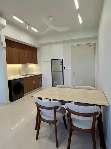 Dining features: 4-seater dining table with light wood top, wooden dining chairs with upholstered seats, white walls, recessed LED downlights, 5-blade ceiling fan with light, kitchen cabinetry with wood finish, stainless-steel fridge, built-in washing machine, white countertop, single-bowl stainless-steel sink, chrome pull-down faucet, wall-mounted kitchen cabinets, ceramic tile flooring; style: modern.