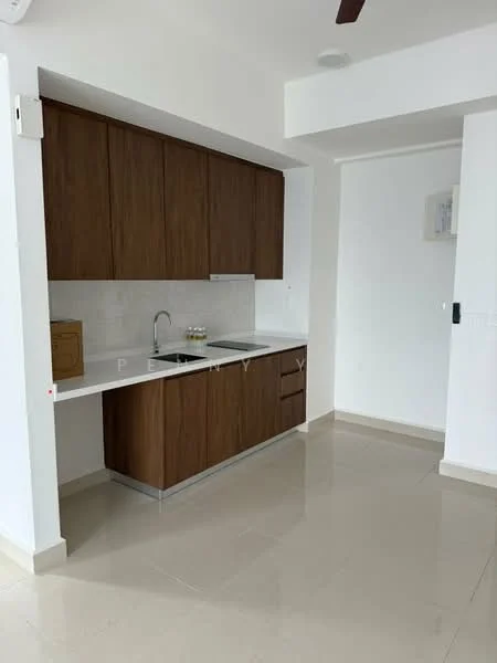 Kitchen features: brown wooden cabinetry, white quartz countertop, single-bowl stainless-steel sink, chrome pull-down faucet, built-in stove, tile backsplash, recessed downlights, cream tiled flooring; style: modern.