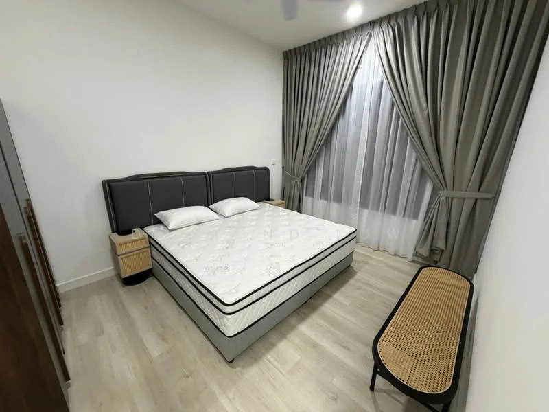 Bedroom features: queen-size bed, upholstered headboard, two bedside tables, floor-to-ceiling windows, sheer curtains, blackout curtains, wooden flooring, ceiling fan; style: modern.