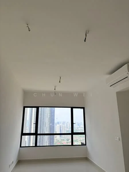 Room features: white painted walls, flat ceiling, recessed downlights, floor-to-ceiling windows, city view, 1 wall-mounted split AC; style: modern; view: city.