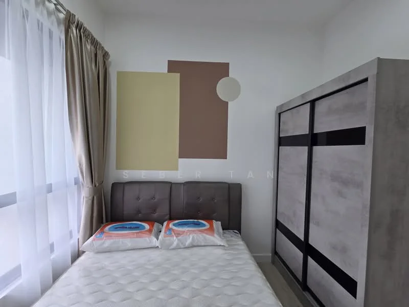 Bedroom features: queen-size bed, upholstered headboard, two decorative pillows, grey wardrobe with sliding doors, white walls, curtains, natural light from window, geometric wall art; style: modern.