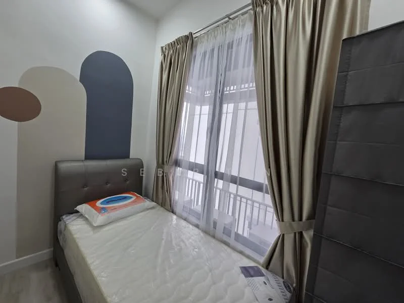 Bedroom features: single bed, upholstered headboard, white bedding, floor-to-ceiling window, sheer curtains, decorative wall with abstract shapes, light wood flooring, wall-mounted artwork, built-in wardrobe, grey accent wall; style: modern.