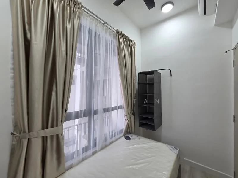 Bedroom features: single bed, floor-to-ceiling window, sheer curtains, blackout curtains, 5-blade ceiling fan, wall-mounted shelving unit, white painted walls, light-colored flooring, air conditioning unit; style: modern.