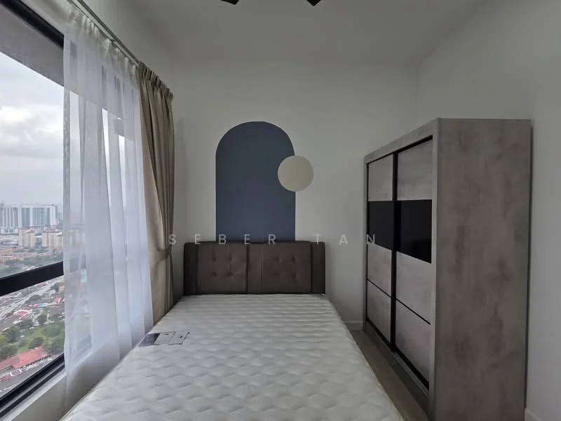 Bedroom features: queen-size bed, upholstered headboard, grey fabric bed frame, built-in wardrobe with sliding doors, light grey cabinetry, white walls, blue accent wall, floor-to-ceiling window, sheer curtains, ceiling fan; style: modern; view: city.