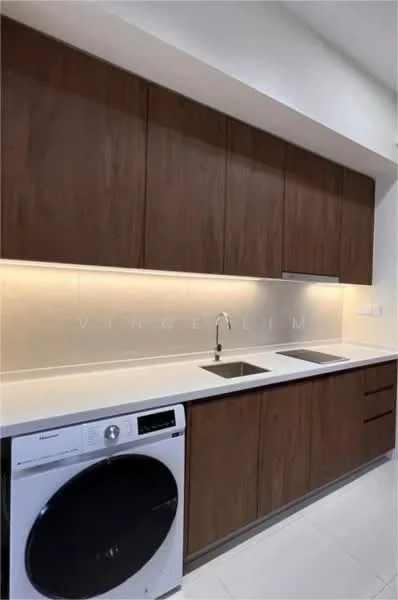 Kitchen features: brown wooden cabinetry, white quartz countertop, double-bowl stainless-steel sink, chrome pull-down faucet, built-in washing machine, recessed LED downlights, white tile backsplash, white tiled flooring; style: modern.
