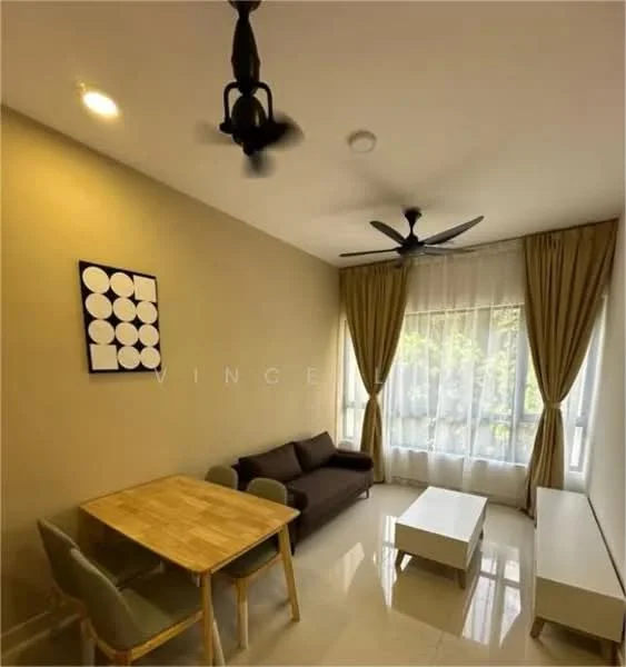 Living features: 3-seater fabric sofa in dark brown, wooden dining table with 4 chairs, white coffee table, floor-to-ceiling windows, sheer curtains, blackout curtains, 2-blade ceiling fan, recessed downlights, cream painted walls, glossy tile flooring, decorative wall art; style: modern; view: garden.