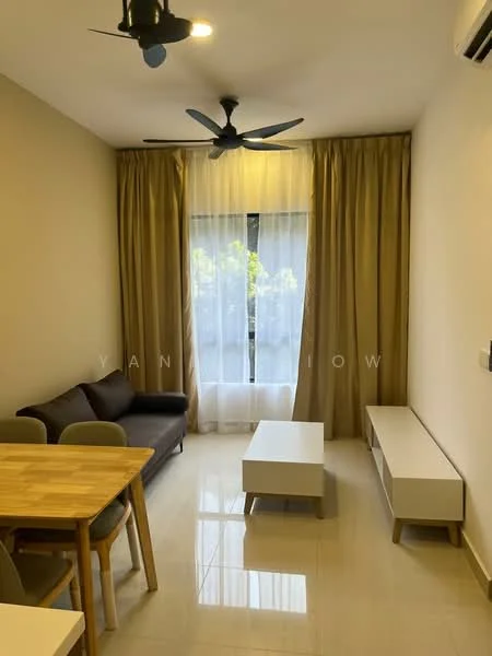 Living features: 3-seater fabric sofa in dark grey, wooden dining table with 4 chairs, white coffee table, floor-to-ceiling window, sheer curtains, light brown curtains, ceiling fan with light, glossy tile flooring, wall-mounted air conditioning unit; style: modern; view: garden.