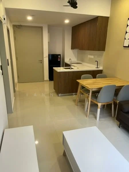 Living features: white walls, glossy tile flooring, recessed downlights, ceiling fan, brown wooden cabinetry, white countertop, stainless-steel sink, chrome pull-down faucet, black fridge, 4-seater dining table with grey upholstered chairs, 2-seater fabric sofa in dark grey, white coffee table; style: modern.