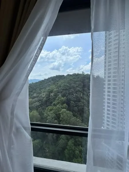 Room features: floor-to-ceiling windows, sheer curtains, mountain view; view: mountain.