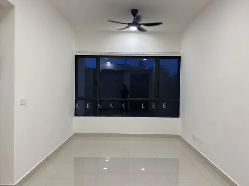 Room features: white painted walls, polished ceramic tile flooring, ceiling fan, large windows, black window frames; style: modern.