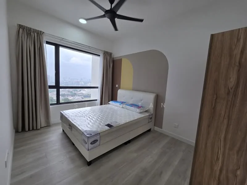 Bedroom features: queen-size bed, upholstered headboard, floor-to-ceiling window, curtains, light-colored walls, wooden flooring, ceiling fan, decorative wall with color block design, nightstand, built-in wardrobe; style: modern; view: city.