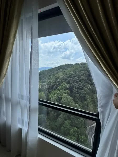Room features: floor-to-ceiling windows, sheer curtains, mountain view; view: mountain.