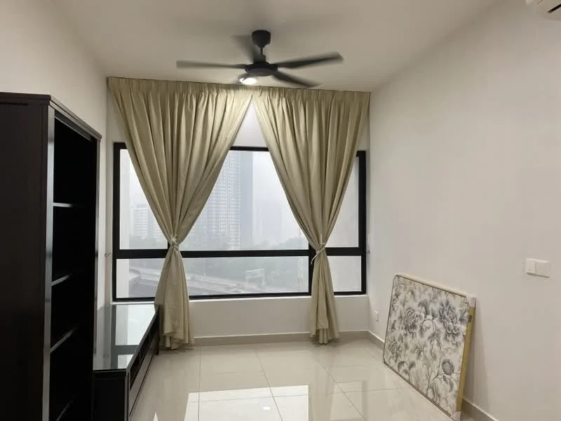 Room features: floor-to-ceiling windows, sheer curtains, 5-blade ceiling fan, white painted walls, glossy tile flooring, black wooden shelving unit, decorative artwork on the floor, city skyline view; style: modern; view: city.