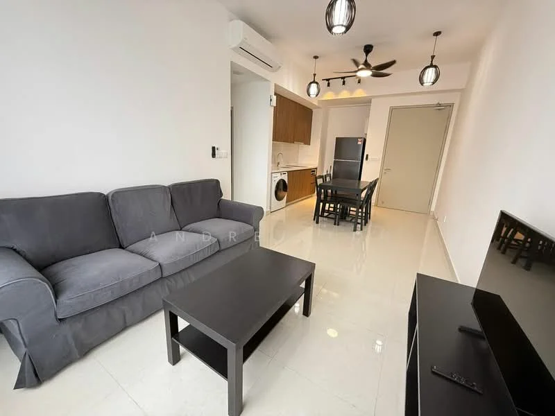 Living features: 3-seater fabric sofa in grey, black coffee table, wall-mounted TV, ceiling fan, recessed downlights, white painted walls, tile flooring, air conditioning unit, open layout to kitchen, dining area visible in background; style: modern. Kitchen features: built-in kitchen cabinets, stainless-steel fridge, washing machine, white countertop, kitchen island, ceramic tile backsplash; style: modern.