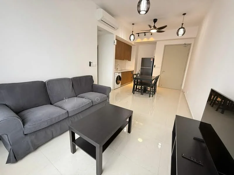 Living features: 3-seater fabric sofa in grey, black coffee table, wall-mounted TV, ceiling fan, recessed downlights, white painted walls, tile flooring, air conditioning unit, open layout to kitchen, dining area visible in background; style: modern. Kitchen features: wood cabinetry, stainless-steel fridge, built-in washing machine, ceramic cooktop, white backsplash, countertop with overhang for seating; style: modern.