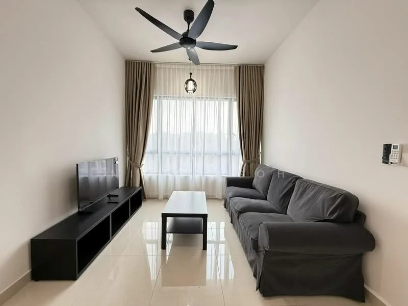 Living features: 3-seater fabric sofa in grey, coffee table, wall-mounted TV, TV console with storage, floor-to-ceiling windows, sheer curtains, 5-blade ceiling fan with light, polished tile flooring, decorative pendant light, neutral painted walls; style: modern; view: city.