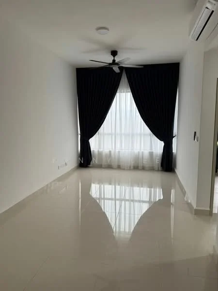 Living features: white painted walls, glossy porcelain tile flooring, 5-blade ceiling fan, floor-to-ceiling windows, sheer curtains, blackout curtains, air conditioning unit, recessed downlights; style: modern.