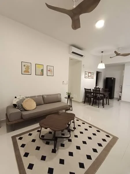 Living features: light grey fabric sofa, wooden coffee table, area rug with geometric pattern, 3-blade ceiling fan, recessed downlights, wall-mounted air conditioning unit, framed artwork on walls, dining table with chairs in background, black refrigerator in background, white painted walls, glossy tile flooring; style: modern.