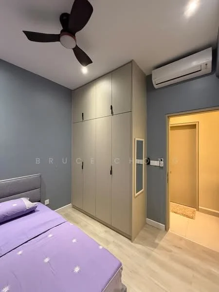Bedroom features: queen-size bed with purple bedding, grey upholstered headboard, built-in wardrobe with sliding doors, light wood flooring, recessed ceiling lights, 5-blade ceiling fan, wall-mounted air conditioning unit, painted accent wall in dark grey, neutral wall colour, doorway leading to bathroom, decorative mirror on wardrobe; style: modern.
