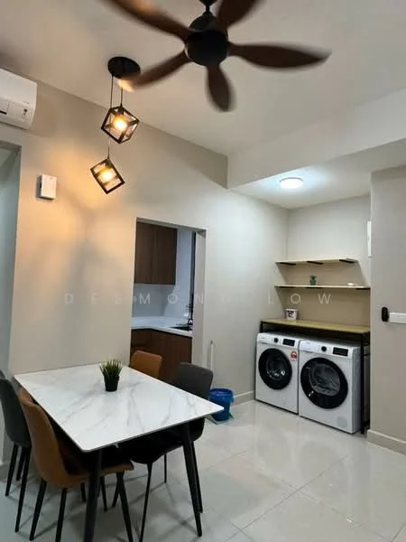 Laundry features: white wall, marble dining table, 4 dining chairs, 2 front-load washing machines, wooden shelf, recessed ceiling lights, ceiling fan with 3 blades, air conditioning unit; style: modern. Kitchen features: brown cabinetry, unknown countertop material, unknown backsplash, open shelving; style: modern.