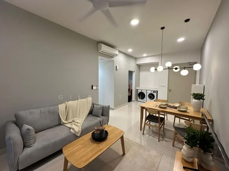 Living features: 3-seater fabric sofa in light grey, wooden coffee table, dining table for 4 with wooden legs, white walls, recessed LED downlights, ceiling fan, air conditioning unit, decorative plants in pots, laundry area with stacked washer and dryer, neutral tile flooring; style: modern.