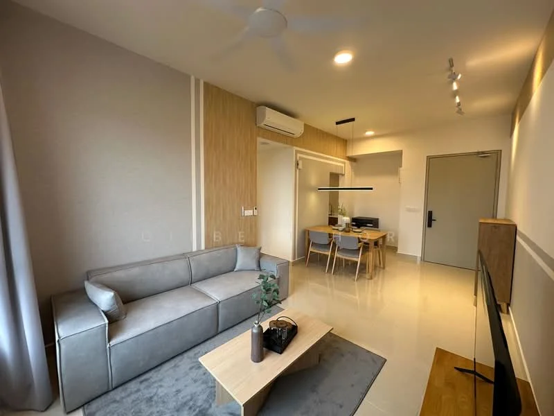 Living features: 3-seater fabric sofa in grey, coffee table, wall-mounted TV, TV console, area rug, ceiling fan, recessed LED downlights, floor-to-ceiling windows with sheer curtains, light-coloured tiled flooring, wooden accent wall, dining table with chairs, air conditioning unit; style: modern.