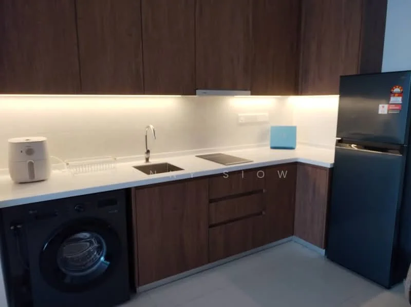 Kitchen features: white countertop, wood cabinetry, stainless-steel sink, chrome pull-down faucet, built-in oven, black washing machine, stainless-steel fridge, LED under-cabinet lighting; style: modern.
