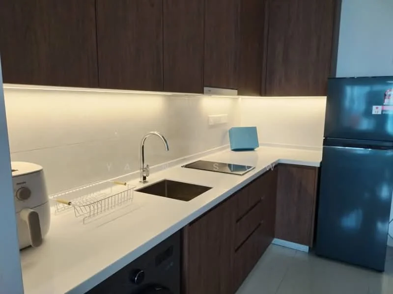 Kitchen features: brown wooden cabinetry, white quartz countertop, single-bowl stainless-steel sink, chrome pull-down faucet, built-in stove, stainless-steel fridge, white backsplash, under-cabinet LED lighting, dish rack, microwave, appliance garage; style: modern.