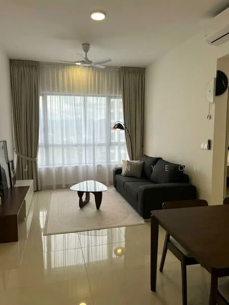 Living features: 3-seater fabric sofa in black, coffee table with wooden legs, area rug with neutral color, floor-to-ceiling windows, sheer curtains, ceiling fan, wall-mounted TV, TV console, decorative wall clock; style: modern.
