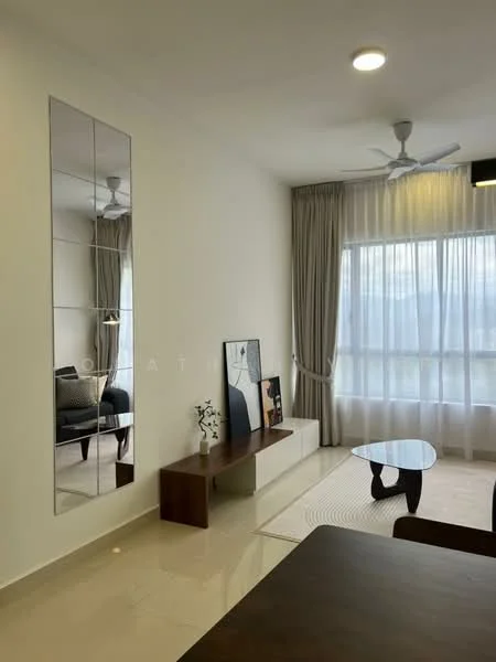 Living features: white painted walls, polished tile flooring, 5-blade ceiling fan with light, floor-to-ceiling windows, sheer curtains, wooden console table, framed artwork, decorative mirror, area rug with geometric pattern, sofa, coffee table; style: modern; view: city.