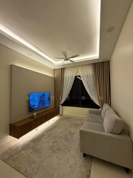 Living features: 3-seater fabric sofa in light grey, wooden TV console, wall-mounted TV, area rug with neutral color, recessed LED downlights, ceiling fan, floor-to-ceiling windows, sheer curtains, blackout curtains, cream painted walls, tray ceiling with LED lighting; style: modern.