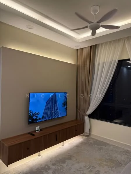 Living features: 5-blade ceiling fan with light, wall-mounted TV, wooden TV console, cream painted walls, recessed lighting, curtains with sheer and blackout layers, light-colored flooring, decorative ceiling with cove lighting; style: modern; view: city.