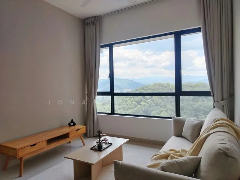 Living features: large floor-to-ceiling window, grey painted walls, light-colored sofa, wooden coffee table, wooden TV console, decorative items on coffee table, light-colored throw blanket, curtains, view of mountains, recessed ceiling lights, ceiling fan; style: modern; view: mountain.
