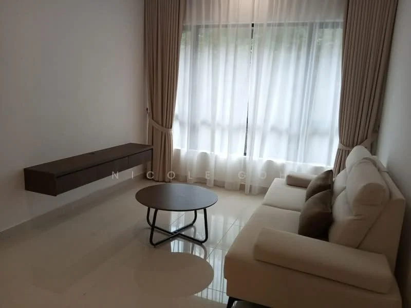 Living features: white painted walls, glossy tile flooring, floor-to-ceiling windows, sheer curtains, light brown wooden console, round coffee table, L-shape sectional sofa in white, decorative cushions; style: modern.