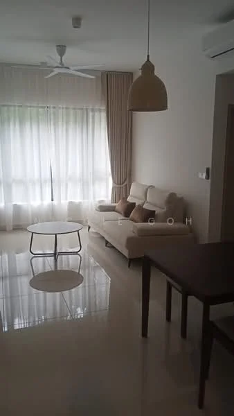 Living features: 3-seater fabric sofa in cream, coffee table with round top, ceiling fan, large floor-to-ceiling windows, sheer curtains, polished ceramic tile flooring, recessed ceiling lights, wall-mounted air conditioning unit; style: modern.