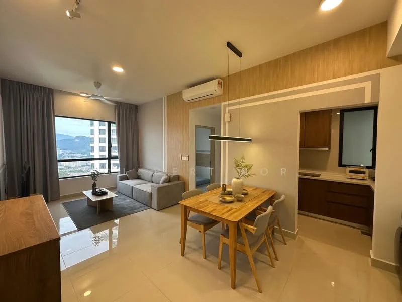 Living features: grey fabric sofa, coffee table, area rug, floor-to-ceiling windows, city view, 5-blade ceiling fan with light, wall-mounted air conditioning unit, wooden sideboard, curtains, recessed downlights; style: modern; view: city. Dining features: 6-seater dining table, wooden dining chairs, decorative centerpiece, pendant light, wall-mounted artwork, neutral wall colour, tile flooring; style: modern.