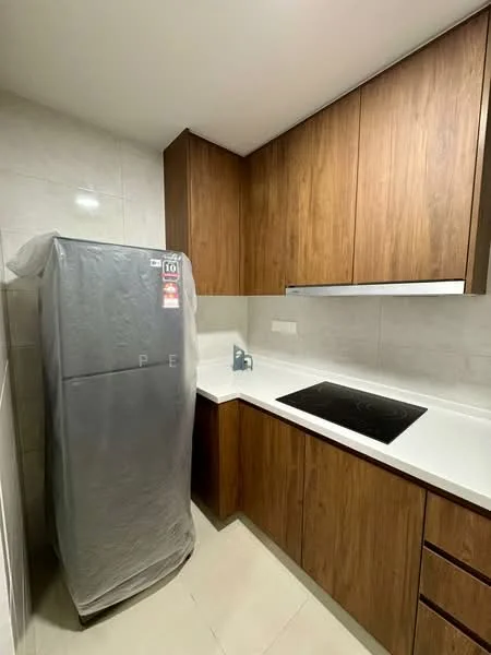 Kitchen features: stainless-steel fridge, built-in oven, induction cooktop, white quartz countertop, wood cabinetry, tile backsplash, under-cabinet lighting, ceramic tile flooring, single-bowl stainless-steel sink, chrome pull-down faucet; style: modern.