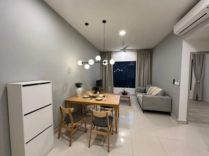 Living features: grey fabric sofa, wood dining table, 4 dining chairs, white side cabinet, pendant light fixture with multiple bulbs, recessed ceiling lights, ceiling fan, large window with curtains, tile flooring, decorative area rug; style: modern; view: city.