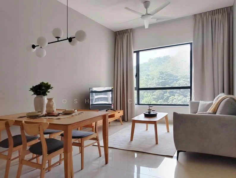 Living features: light grey fabric sofa, wooden coffee table, TV console, wall-mounted TV, 3-blade ceiling fan, large window with view of greenery, floor-to-ceiling curtains, area rug, decorative plant on table, dining table with 4 chairs, table setting with plates and cutlery; style: modern; view: garden.
