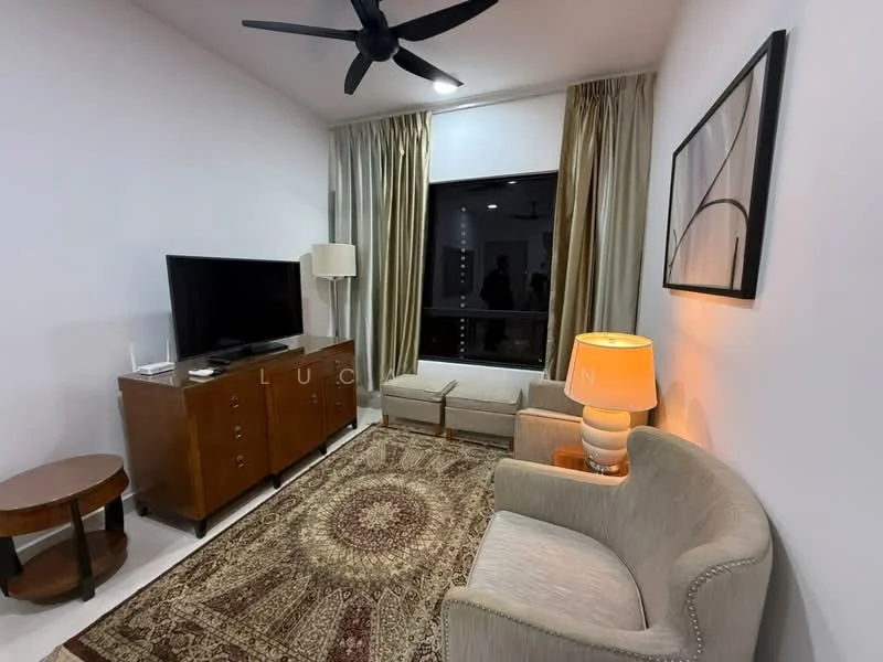 Living features: 3-seater fabric sofa in light grey, 2-seater fabric armchair, wooden coffee table, TV console with storage, wall-mounted flat-screen TV, decorative area rug with intricate pattern, floor lamp, table lamp with round base, curtains in beige, ceiling fan with light, large window with city view; style: modern; view: city.