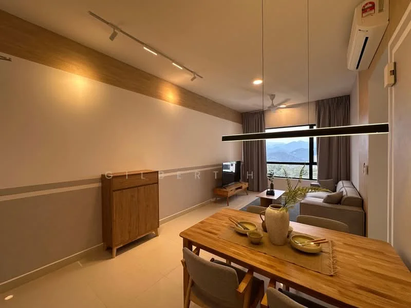 Living features: light grey walls, wood panel accent wall, recessed downlights, 5-blade ceiling fan, floor-to-ceiling windows with mountain view, light-colored sofa, wooden coffee table, TV console, decorative vase on table, dining table with 4 chairs; style: modern; view: mountain.